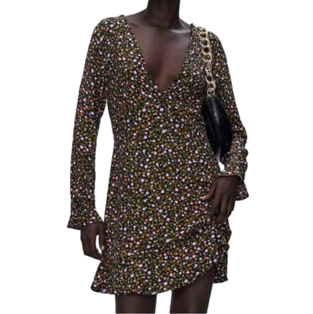 NWT ZARA FLORAL LONG SLEEVE W/RUFFLE DRESS M.